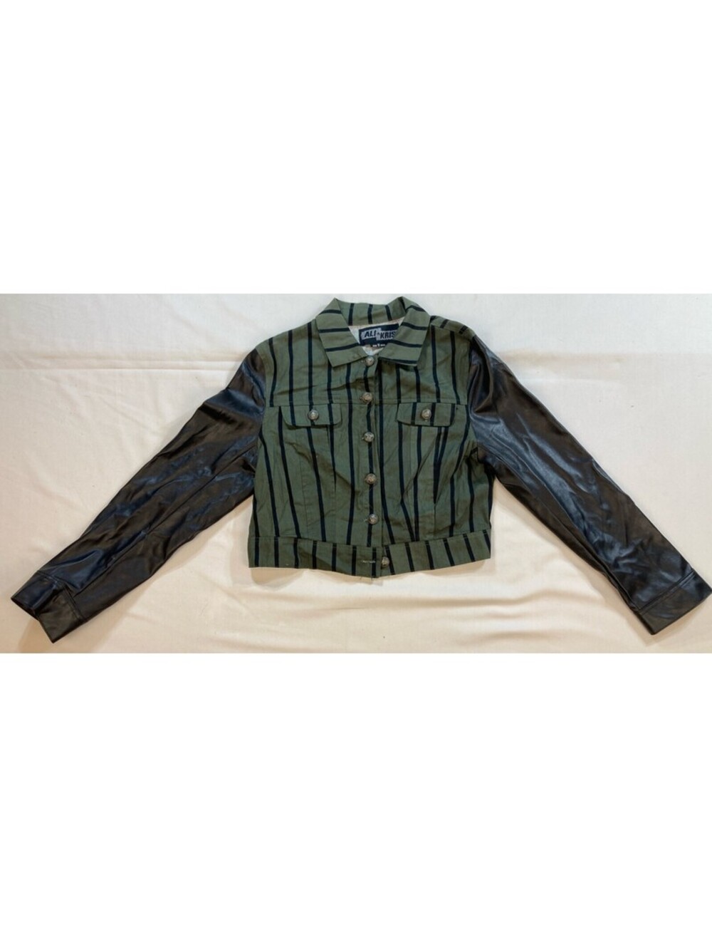 Ali & Kris Girls Medium Cropped Green & Black Striped Pleather Sleeve Jacket